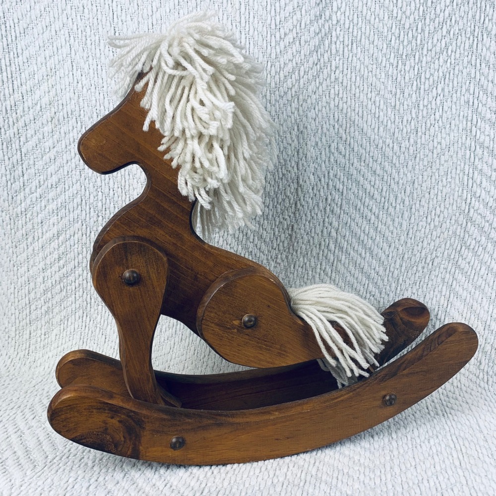 Vtg Rocking Horse Brown Wooden Yarn Mane Rustic Decor Moveable Articulated USA - Picture 5 of 8